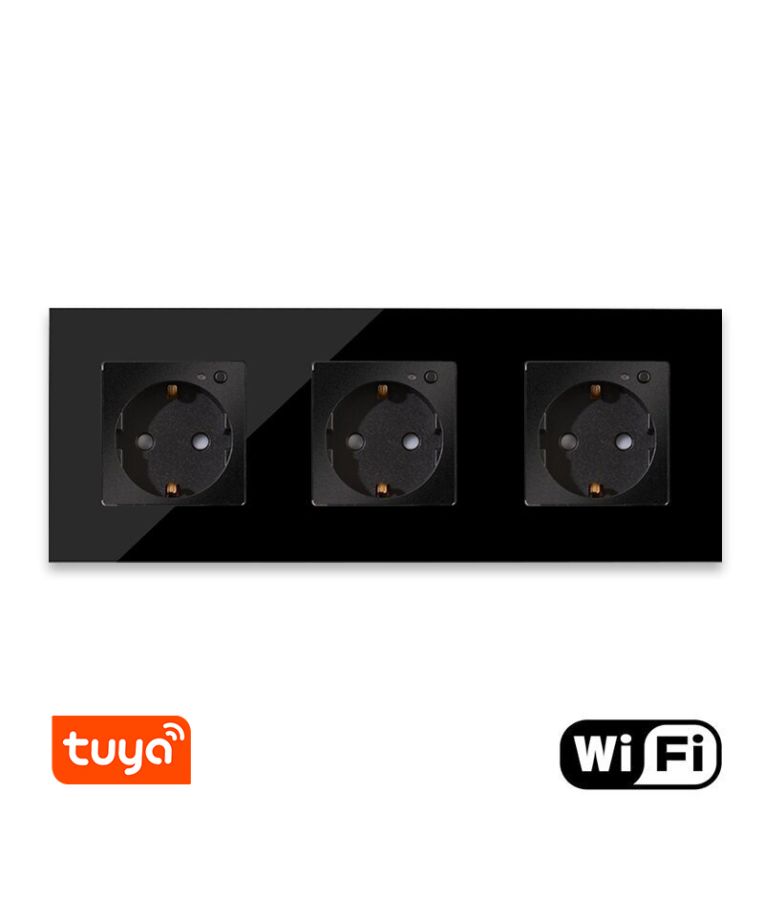 Trivietis WiFi kištukinis lizdas su stikliniu rėmeliu Feelspot, juodas 1