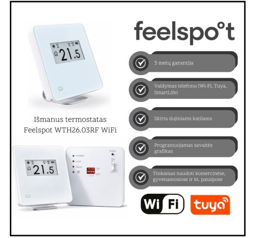 Išmanus programuojamas termostatas Feelspot WTH26.03RF WiFi, Tuya