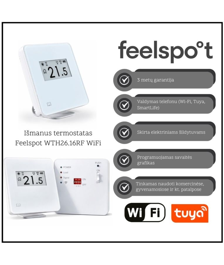 Išmanus programuojamas termostatas Feelspot WTH26.16RF WiFi, Tuya