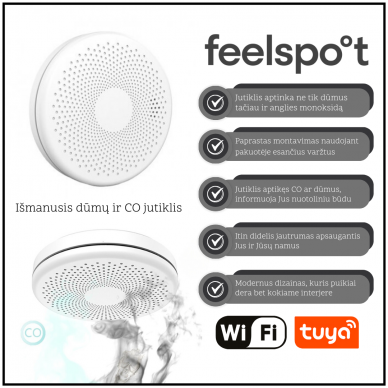Išmanusis dūmų ir CO jutiklis Feelspot FS-CSS01W WiFi, Tuya